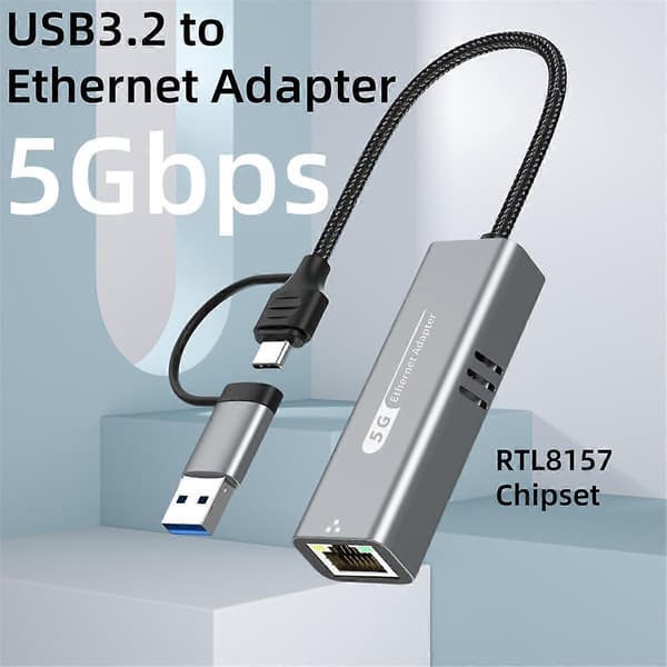 USB 3.2 til 5Gbps Ethernet Adapter RTL8157 5000Mbps RJ45 Netværkskonverter til Laptop Understøtter 5G,2.5
