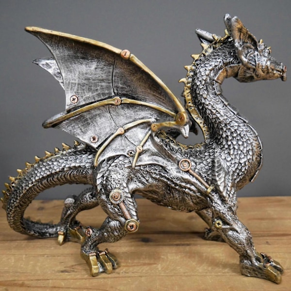 Steampunk Dragefigur Gotisk Bronsefinish Mytisk Statue 9\" Lang