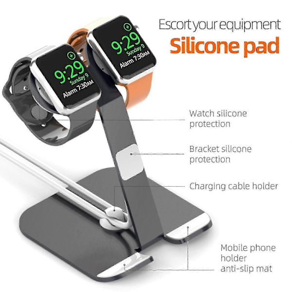 Dubbel Laddningsstation för Apple Watch Serie 1-5/SE, Aluminiumlegeringsbas med Telefonhållare, Stabil Halkfri Design
