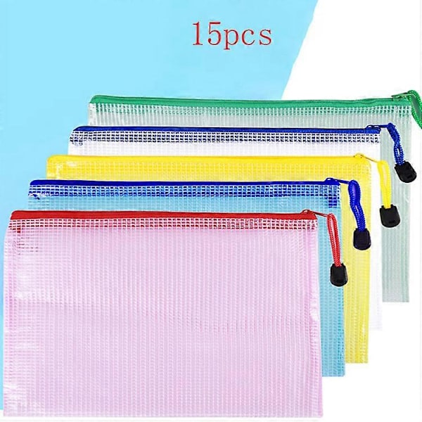 15 stk. Mesh glidelåspose Dokumentmappe Glidelåspose 5 farger