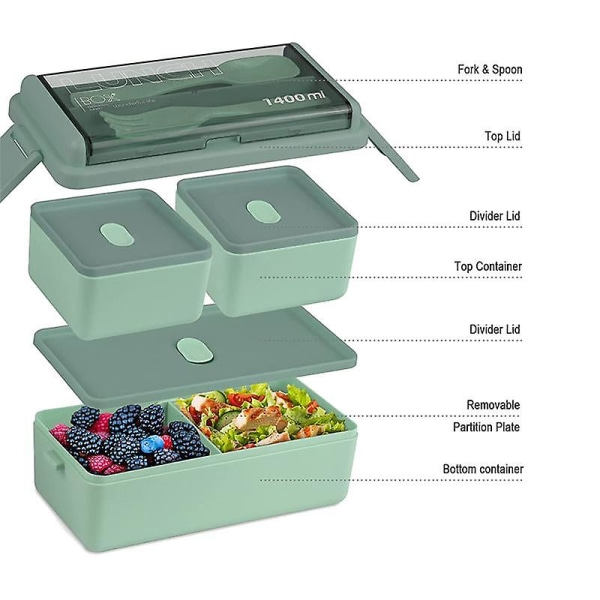 Bento-bokssett, 47,35 oz Bento-boks for voksne lunsjboks, 3 rom Bento-lunsjboks, måltidsforberedende innhold