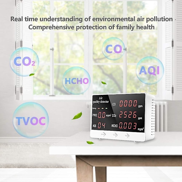 Ilmanlaadun monitori Tarkka testaaja Co2 Formaldehydelle (hcho) Tvoc/aqi Monitoiminen ilman kaasuilmaisin Reaaliaikainen data ja keskiarvon tallennus Kotiin