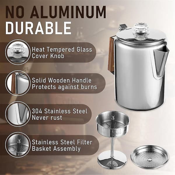 Kaffeperkolatorer Koketopp For Camping, Perkolator Kaffe Pot Rustfritt Stål Kaffemaker Camping