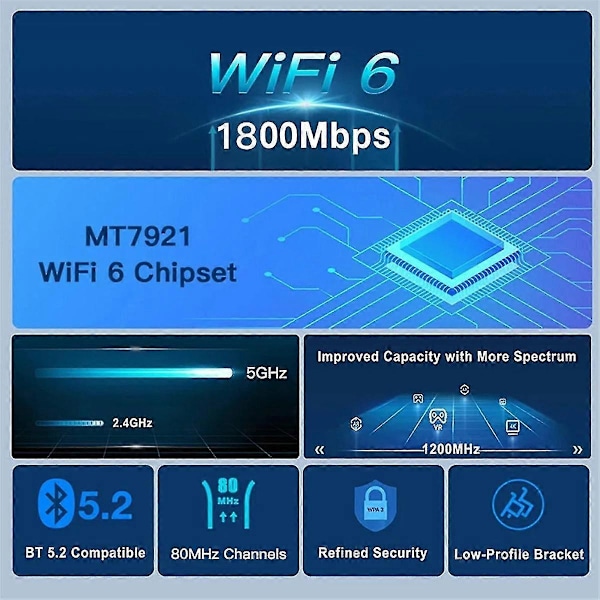 1800Mbps Wifi 6 MT7921 PCI Express Trådløs Adapter Bluetooth 5.2 Dobbelt Bånd 802.11AX/AC Wi-Fi Netværkskort Windows 10 11-B16