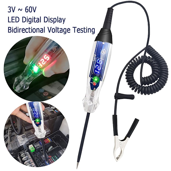 Bilkrets-tester med LED digitalt display, toveis indikatorlys 3v-60v, bilreparasjonsverktøy, krets-testpenn-detektor