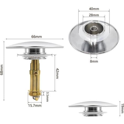 66 mm lock, pop-up bottenventil, pop-up diskbänksplugg, för de flesta diskbänkspluggar i kök och badrum