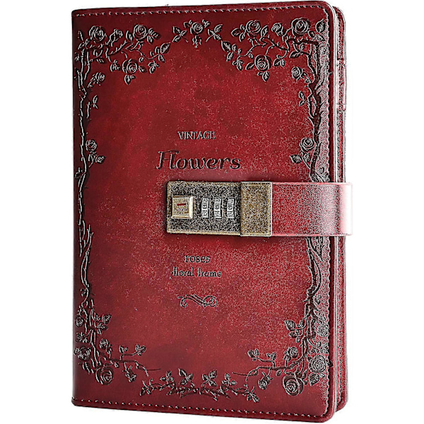 Blomster Læder Journal med Lås Skrive Dagbog Notesbog Kombination Adgangskode Linjeret Genopfyldeligt Papir 200 X 140 Mm (rød)