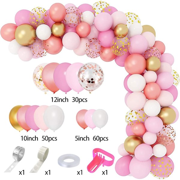 144 st Roséguld Rosa Ballonggirlang Båge Kit Ljusrosa Guld Vit Konfetti Latex Metalliska Ballonger För Födelsedag Baby Shower Bröllopsfest Dekoration