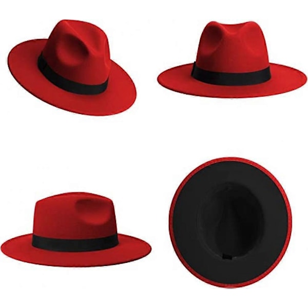 Naisten ja miesten fedora-hatut, leveälieriset fedora-hatut naisille ja miehille, punainen ja musta tausta