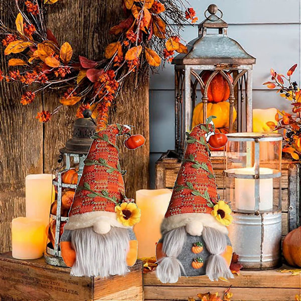 2 st Solrosor Ansiktslösa Dockor, Tacksägelsetomte Orange Höst Pumpa Dockor, med Skäggfläta Dockor Halloween Tacksägelse Bordsprydnader