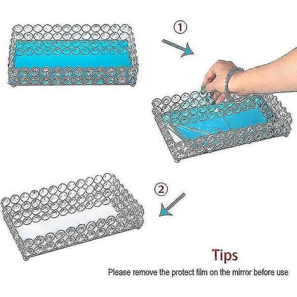 Rektangulär kosmetisk bricka i kristall Smyckesförvaringsställ Spegel | Förvaringsbricka (25*15*6cm), 1-pack, Silver