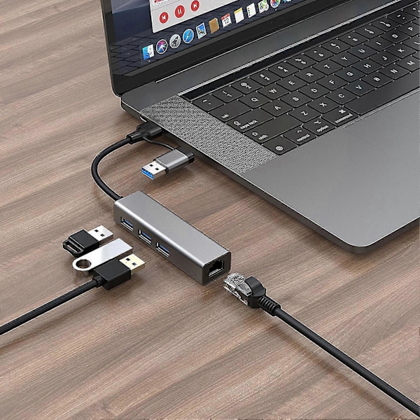 USB3.0 Ethernet -sovitin 2 in 1 Plug and Play 5 Gbps Nopea, ajuriton, helppo asennus RJ45 Type-C HUB -keskitin MacBook Prolle