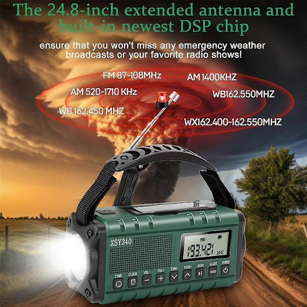 Nödradio, AM/FM/ Vevradio Soldriven 10000mAh Telefonladdare Radio, LCD-Display Väckarklocka
