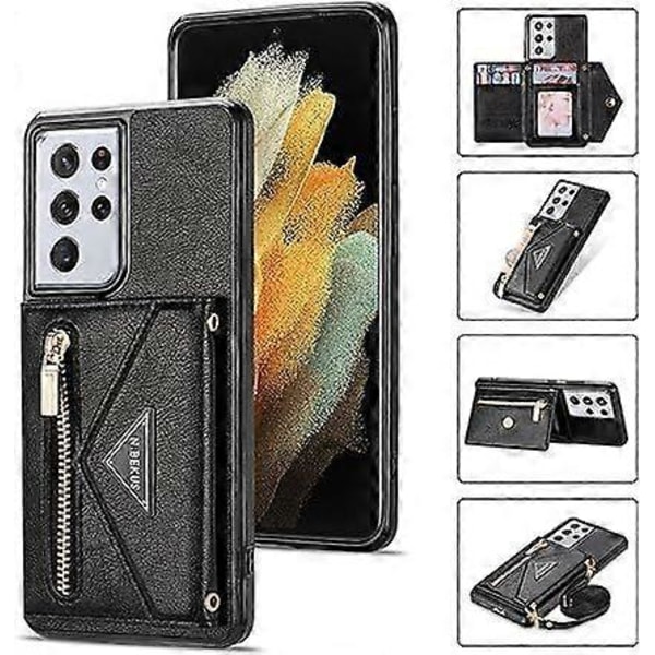 PU-nahkakukkaro Samsung Galaxy S21 Ultra 5G -puhelimelle, crossbody-kotelo luottokorttipidikkeellä 6,8 tuumaa, naisten tyttöjen vetoketjullinen lompakkokotelo jalustalla (musta, S