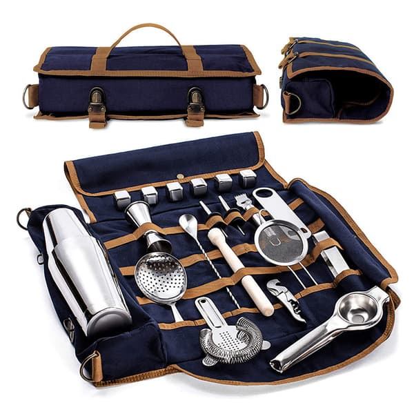 Bartenderverktygssats, multifunktionell bartender väska, bärbar axelväska för utomhusbruk, rese bartender kit. Blue