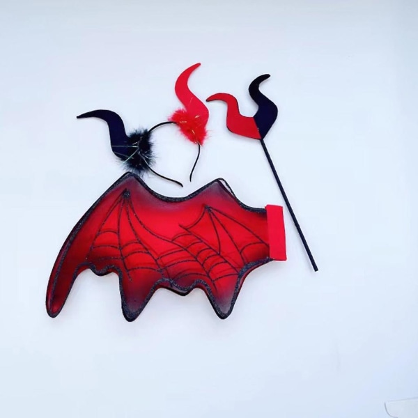 2/3 Red Pitchforks Devil Horn Pannebånd Bat Wing Demons Kostymetilbehør Halloween Fancy Dress Up Cosplay Festrekvisita