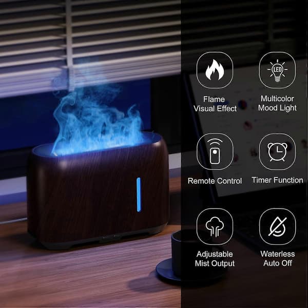 Eterisk Olje Diffuser 240ml, Flerfarget Flamme Aroma Olje Diffuser med Fjernkontroll