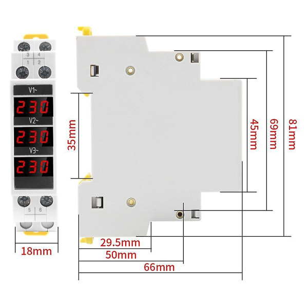 Modulær Led Digital Tre-fase Voltmeter For Din Rail Volt Meter Ac80-500v