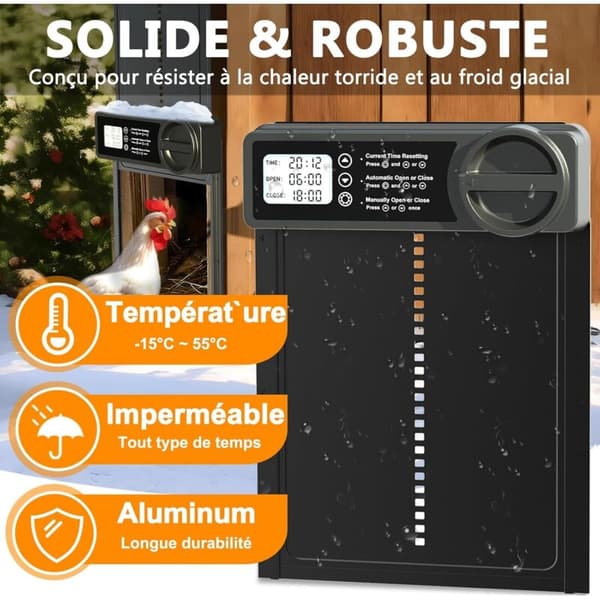 OEM – Automatisk hönshusdörr i aluminiumlegering – Vattentät LCD-skärm – Programmerbar timer – Hinderdetektering – Batteridriven