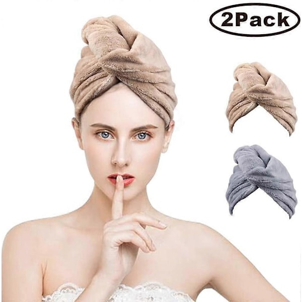 Turbanhandduk, Hårtorkhandduk med Knapp, Mikrofiber Hår Turban, Snabbtorkande Förtjockad Wrap Turban (2 ST)