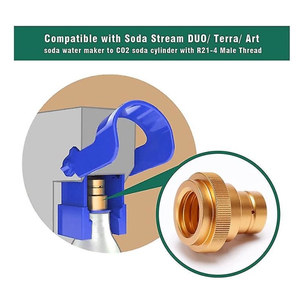 CO2-sovitin Duo/Terra/Art-hiilihapotetun veden valmistajalle, liittää CO2-pullon TR21-4-uroskierteellä
