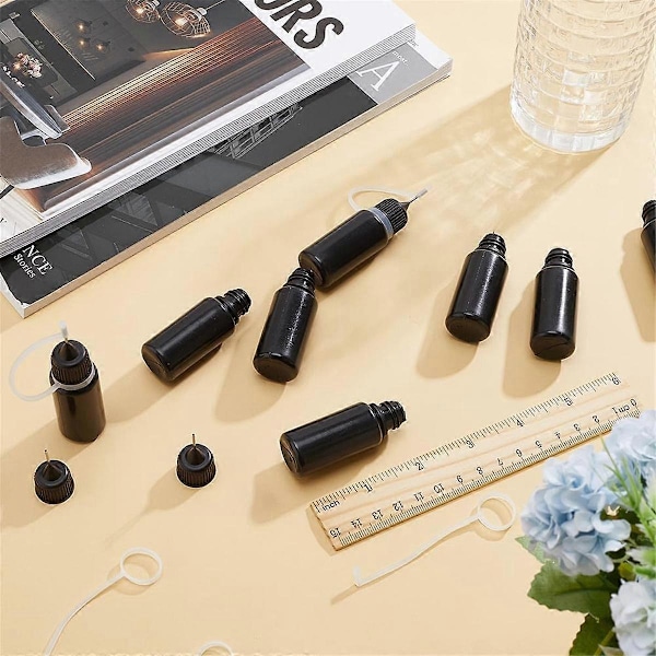 10 stk. Præcisionsapplikatorflasker med spids, sort metalnål, plastikflaske, 10 ml præcisionsapplikatorflasker med spids