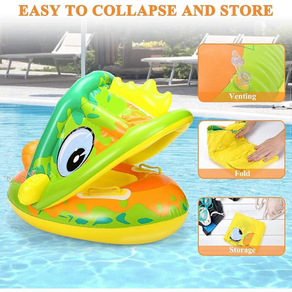 Baby Pool Float med Solskærm - Oppustelig Svømmering Spædbarn Baby Floatie Spring Float Pool Fit Sikkerhedssæde Børns Vandlegetøj (Grøn-frø)