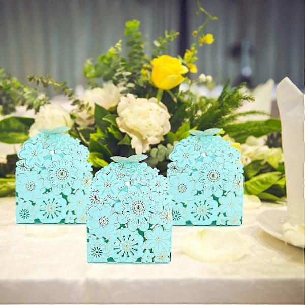 50 st Flower Butterfly Ihåliga Godisask Cookie Presentaskar Romantiska Favoriter Söta Chokladask för Födelsedagsfesttillbehör (Blå, L)