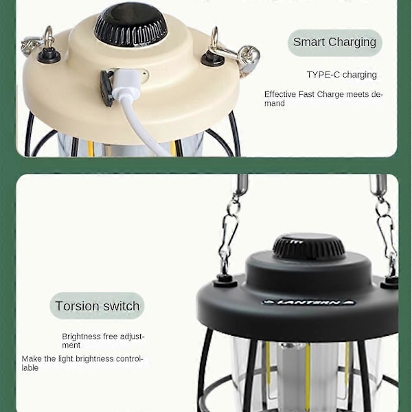 Campinglampe, Bærbar USB Genopladelig Retro LED Lanterne, Justerbar Lysstyrke, ABS Aluminium Legeringsmateriale, Ideel til Udendørs Eventyr og Hjemmebrug