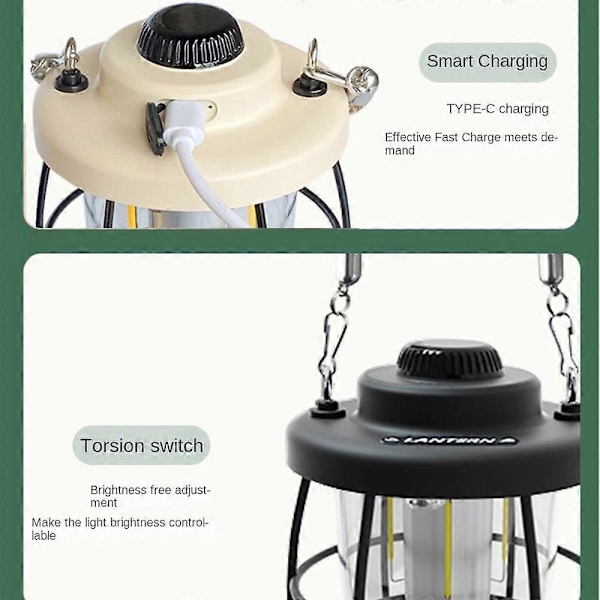Campinglampe, Bærbar USB Oppladbar Retro LED Lanterne, Justerbar Lysstyrke, ABS Aluminium Legering Materiale, Ideell for Utendørs Eventyr og Hjemmebruk