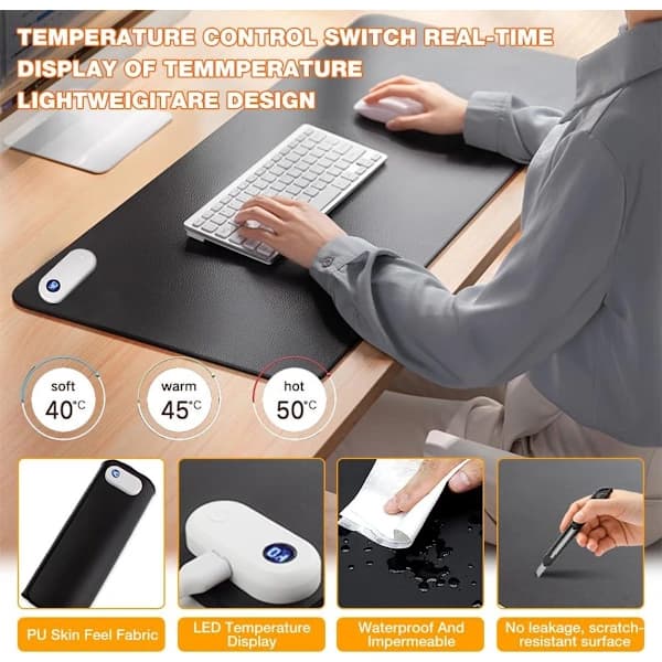 Heated Mouse Pad - 80x33cm Waterproof Desk Warmer with 3 Temperature Settings & Auto Shut-Off for Office & Home Use
