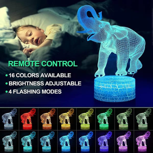 SBSG Elefant 3D Illusionslampe, 3D Natlampe til Børn, Elefant Gave