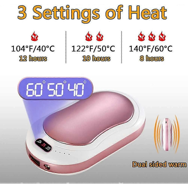 Genopladelige 10000mAh Håndvarmere Genanvendelige med Temperaturdisplay, Bærbare 3 Niveauer Varmevarmere Vintergaver til Familien (Pink)