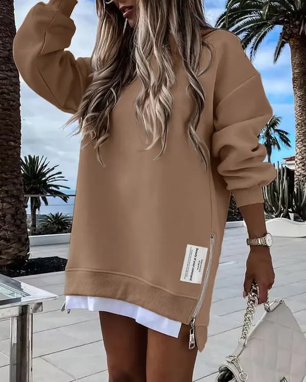 ChicMe 2025 Dame Langærmet Pullover Sweatshirt Lynlås Slids Afslappet Kjole Drop Shoulder Oversized Outfit Apricot L