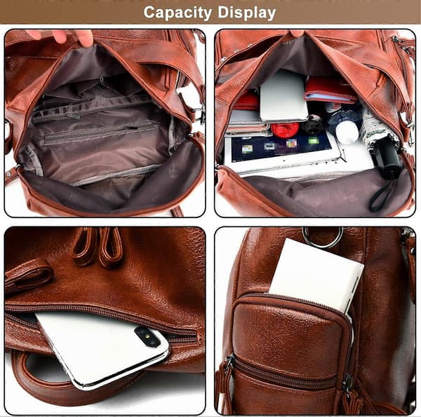Ryggsäck för kvinnor PU Läder Stöldskydd Handväskor Casual Axelväska Dam Mode Nitar Design Satchel Väskor, brun