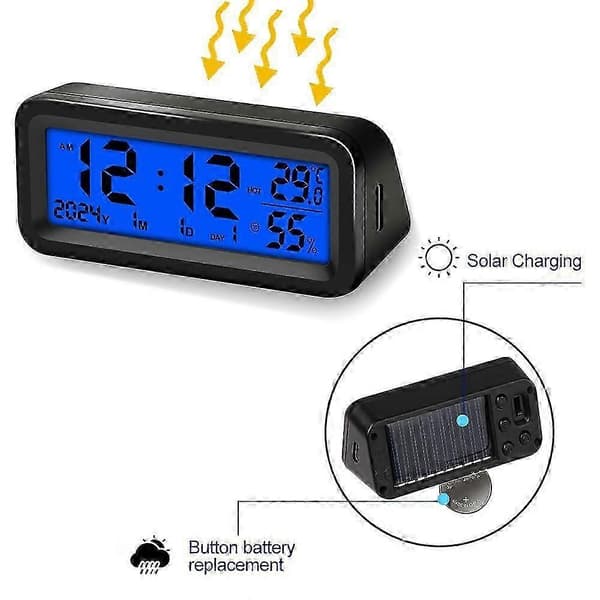 Solarbil Digital Klocka Datum Vecka Temperatur Luftfuktighet LCD-Display för Instrumentbräda Bilklocka Bilar Intern Termometer Hygrometer Självhäftande