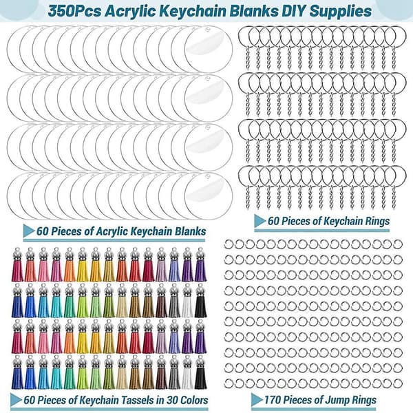 350 stk Akryl Nøglering Blanks til Vinyl med Blanks, Kvaster, Springringe, Nøgleringe til
