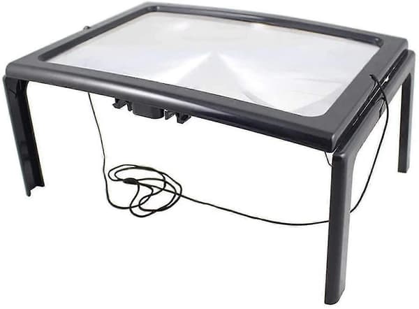 Stor A4 Leseforstørrelsesglass med 4 LED-lys, Håndfritt Sammenleggbart Skrivebordsstativ, 3x Forstørrelsesglass i Full Side
