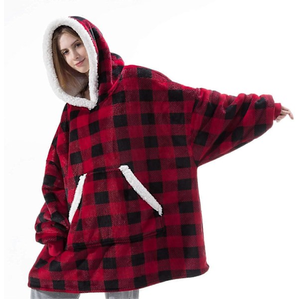 WJTG Efterår og Vinter Bærbar Lammeuld Lazy Blanket Mænd Og Kvinder Kan Bære Hjemme Casual Plys Sweater #Rød Og Sort GridJ