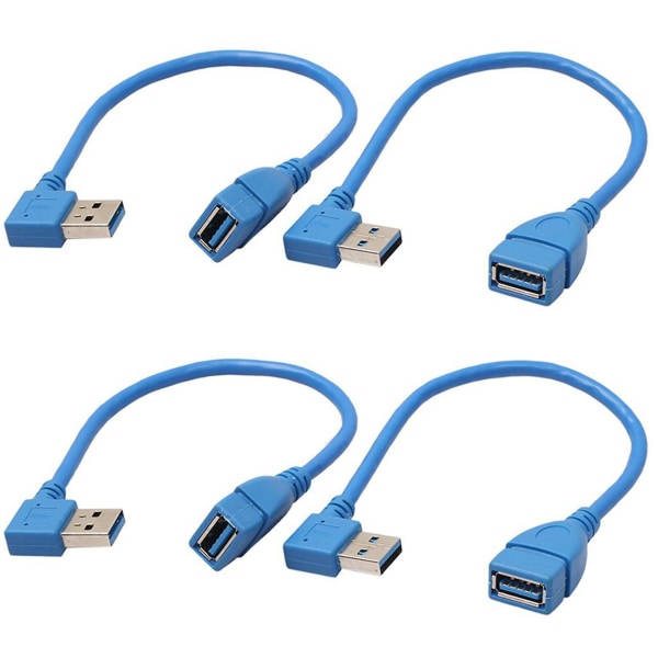 4x lyhyt Superspeed USB 3.0 uros-naaras jatkokaapeli, 90 asteen sovitinliitäntä, vasen ja