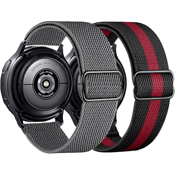2 kpl Nylonrannekkeita Yhteensopiva Samsung Galaxy Watch Active 2 Universaalin kanssa, 20 mm Joustava Urheilusilmukka Hengittävä Ranneke (musta punainen + harmaa