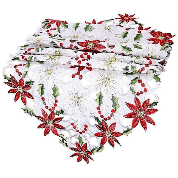 Julebordløper, Julestjerne Kristtornblad Broderte Bordtekstiler For Juledekorasjoner 38 x 135 cm