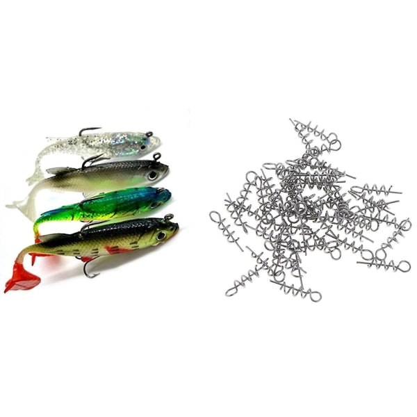 100pcs Spring Twist Lock Fishing Hook Centering Pin & 4pcs Arrive 8cm 14g Soft Bait Lead Head Sea F