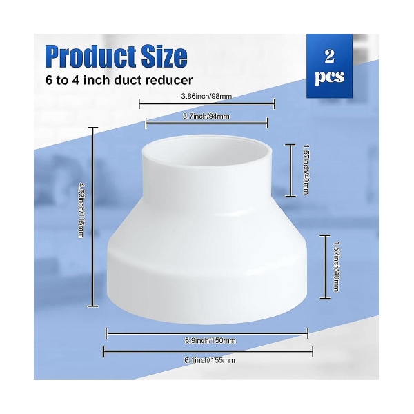 2 st 6 till 4 tum Luftkanalreducerare Ökare ABS Luftkanaladapter Kanalfläkt eller Torktumlare Vent Adapter HAVC Rörkoppling, Vit