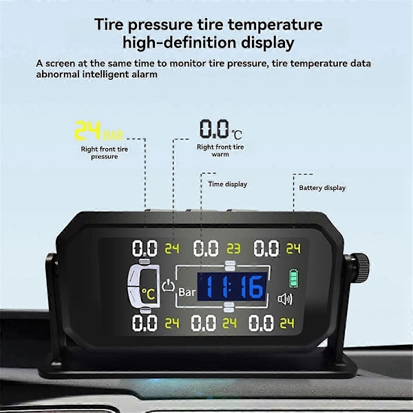 Bil Husbil Lastbil TPMS 6 Hjul Sensor Solenergi Däcktrycksövervakningssystem Temperatur Klocka Lufttryck