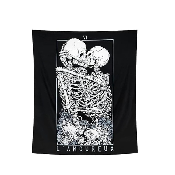 Skull Tapestry Kissing Lover Mustavalkoinen Tarot Luuranko Kukka Seinävaate Beach Blan