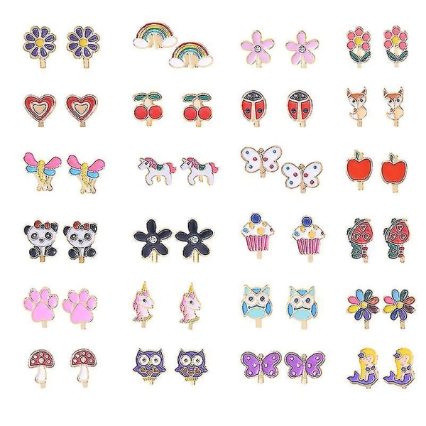 24 Pairs Of Girls Clip On Earrings Kids Cute Flower Earring Princess Dress Up