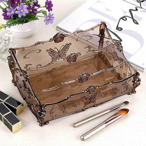 3 Rums Skrivebords Makeup Organizer Kosmetik Opbevaringsstativ Sommerfugl Holder til Kommode og Badeværelse Brun