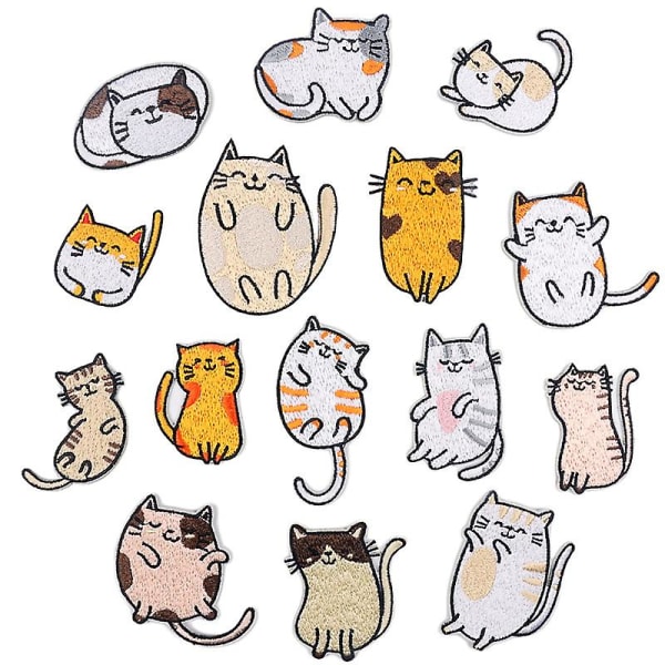 Brodeeratut silitysmerkit, 15 kpl Vivid Cute Cat kirjontakuvioita farkkuihin takkeihin ompelusovellus