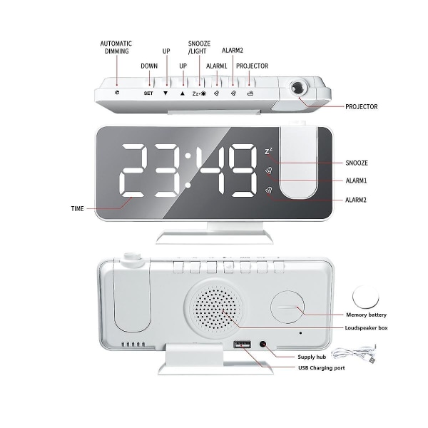 LED Digital Smart Väckarklocka 180° Tidsprojektion Klocka Med Snooze Väckningsfunktion Skrivbordsdekoration